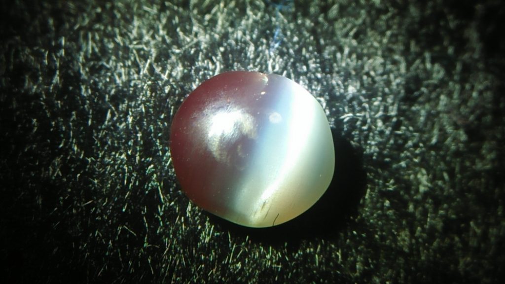 Natural Alexandrite Cats Eye Colour : c.c from Deep Green to deep red Shape : Round Cut : Cabochon Weight : 0.44 Cts Dimension : 4.8 x 4.3 x 2.2 mm Treatment : Unheated