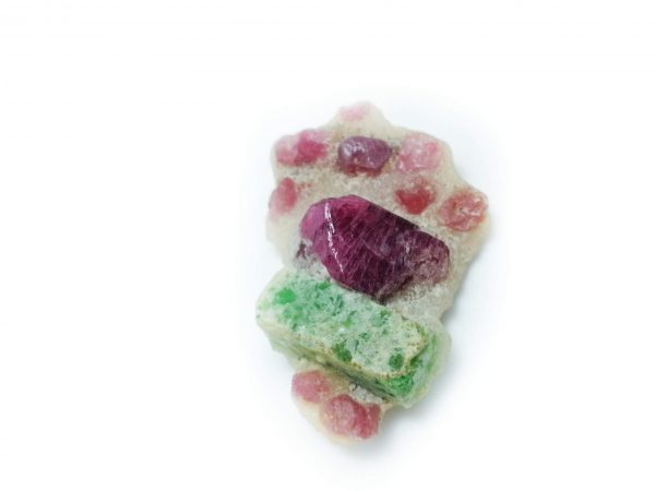 Pargasite and Pink Spinel Crystals on Calcite Marble