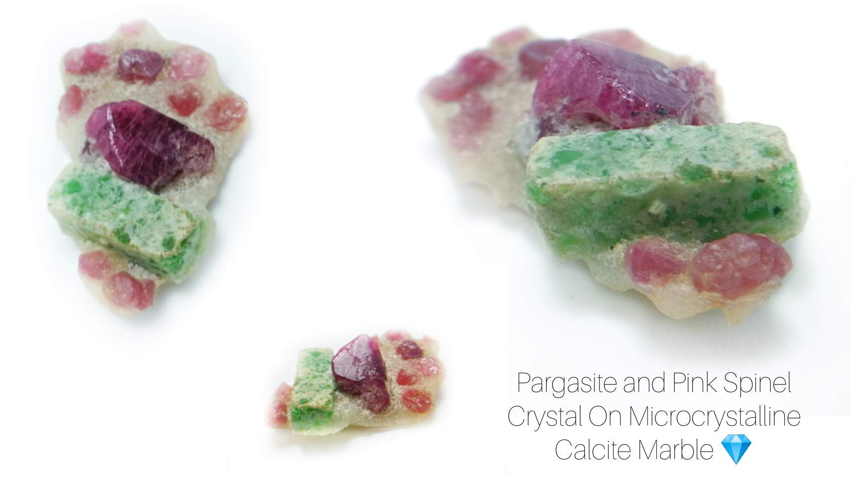 Pargasite and Pink Spinel Crystals on Calcite Marble 韭角閃石 、粉紅尖晶石、方解石大理石上共生 Spinel is the magnesium aluminium member of the larger spinel group of minerals with chemical formula MgAl₂O₄ This oxide mineral is Cubic crystal system with 7.5–8.0 hardness according to Mohs hardness scale. Spinels Specific Gravity is depending on the composition of chemicals such as Zn-rich spinel can be as high as 4.40, otherwise it averages from 3.58 to 3.61. Spinel has many colours such as red, pink, blue, lavender/violet, dark green, brown, black, colourless, gray. Some red and pink spinels have fluorescence under UV Light. also, Some spinels have magnetism Weak to medium. Spinels are found in Madagascar, Sri Lanka, Vietnam, Myanmar, Tanzania, Kenya, Nigeria. Pargasite is a complex inosilicate mineral of the amphibole group with formula NaCa₂O₂₂(OH)₂. This inosilicates mineral has 5 - 6 hardness according to the Mohs Hardness scale with 3.04–3.17 Specific Gravity. This bi axial mineral has colours such as Bluish green, grayish black, light brown, Green. It was first described for an occurrence in Pargas, Finland in 1814 and named for the locality. Pargasites are found in Pinland, Vietnam, Madagascar, Tanzania, India, Pakistan, Afghanistan, Mozambique, Hungary, Japan, Bulgaria, Cameroon. Descriptions Weight : 58.90 Cts Locality : Vietnam 🇻🇳