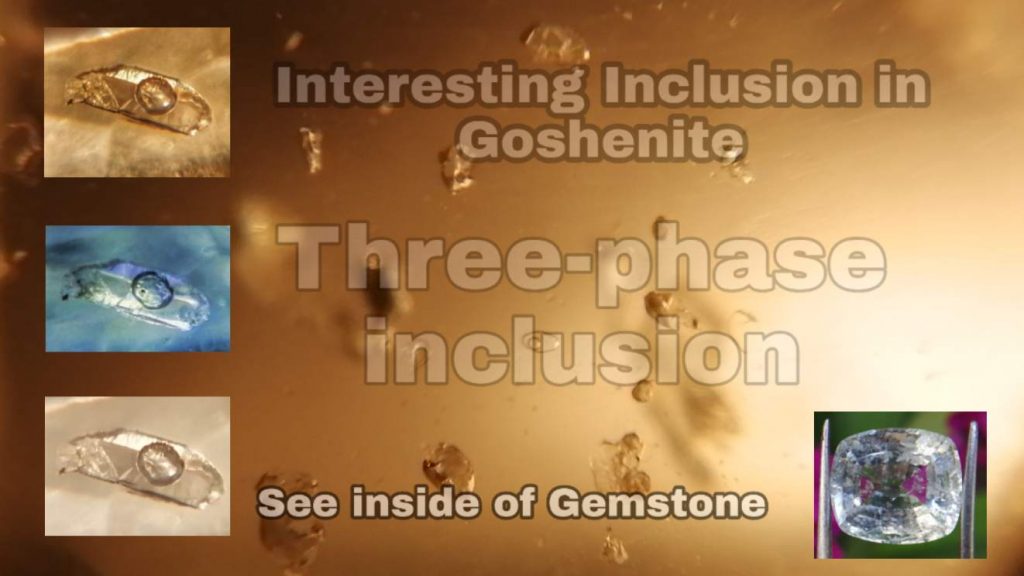 Goshenite is a colorless variety of mineral beryl. This is 9.60 Cts Goshenite from Sri Lanka. When we check the stone by Microscope, We could see special Inclusion called "Three-phase Inclusion". It has one colorless gas bubble and tiny black crystal in rectangular inclusion.