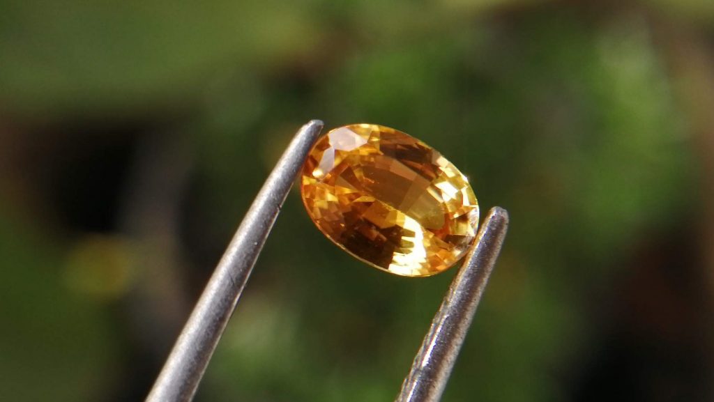 Ceylon Vivis Yellow Sapphire Yellow Sapphire is a yellow color variety of mineral corundum. Sapphire is a precious gemstone, a variety of the mineral corundum, consisting of aluminum oxide with trace amounts of elements such as iron, titanium, chromium, copper, or magnesium. Sapphire deposits are found in Eastern Australia, Thailand, Sri Lanka, China, Vietnam, Madagascar, Greenland, East Africa, and in North America in mostly in Montana. Madagascar, Sri Lanka, and Kashmir produce large quantities of fine quality Sapphires for the world market. Sapphires are mined from alluvial deposits or from primary underground workings. Blue Sapphire and Ruby are the most popular Gemstone in Corundum Family. also, Orangy Pink Sapphire is called Padparadscha. The name Drive's from the Sinhalese word "padmaraga" " පද්මරාග", meaning lotus blossom, as the stone is of a similar color to the lotus blossom. Also, Sapphire can be found as parti-color, bi-color or fancy color. Australia is a main parti-color Sapphire producer. also, White sapphire is a very popular stone to wear instead of Diamond as a 3rd hardness gemstone after diamond ( moissanite hardness is 9.5). A star sapphire is a type of sapphire that exhibits a star-like phenomenon known as asterism. Also, A rare variety of natural sapphire, known as color-change sapphire, exhibits different colors in a different light. Sapphires can be treated by several methods to enhance and improve their clarity and color. A common method is done by heating the sapphires in furnaces to temperatures between 500 and 1,850 °C for several hours, or by heating in a nitrogen-deficient atmosphere oven for 1 week or more. Geuda is a form of the mineral corundum. Geuda is found primarily in Sri Lanka. It's a semitransparent and milky appearance due to rutile inclusions. Geuda is used to improve its color by heat treatment. Some geuda varieties turn to a blue color after heat treatments and some turn to red after oxidizing. Also, Kowangu pushparaga turns to yellow sapphire after oxidizing. Sapphire Crystal system is a Trigonal crystal system with hexagonal scalenohedral crystal class. Sapphire hardness is 9 according to the Mohs hardness scale with 4.0~4.1 specific gravity. Refractive index ω=1.768–1.772 nε =1.760–1.763 Solubility = Insoluble Melting point = 2,030–2,050 °C Birefringence = 0.008 Pleochroism = Strong Luster = Vitreous Sapphire is the birthstone for September and the gem of the 45th anniversary. Healing Properties of Sapphire Sapphire releases mental tension, depression, unwanted thoughts, and spiritual confusion. Sapphire is known as a "stone of Wisdom". It is exceptional for calming and focusing the mind, allowing the release of mental tension and unwanted thoughts. Sapphire is also the best stone for awakening chakras. Dark Blue or Indigo Sapphire stimulates the Third Eye chakra. Blue Sapphire stimulates the Throat Chakra. Green sapphire stimulates Heart Chakra. Black Sapphire stimulates Base Chakra. White sapphire stimulates Crown Chakra. Yellow sapphire stimulates Solar Plexus Chakra. It is one of the most recognized gemstones in vedic astrology worn for professional success, marital bliss, improved will power and healthy progeny. It is believed to hold the powers of the planet Jupiter. Jupiter is the heaviest planet in the solar system, hence imparting distinctive powers to Yellow Sapphire over other precious stones. It is known for providing healing powers in the ailments of the kidneys, mouth, rheumatism, cough and fever. Yellow Sapphires are worn in the Index finger of the correct hand on a Thursday morning of the Shukla Paksha (waxing moon). Descriptions Colour : Vivid Yellow Shape : Oval Weight : 0.61 Cts Dimension : 6.3 x 4.5 x 2.6 mm Treatment : Heated Clarity : VVS • CSL - Colored Stone Laboratory Certified ( GIA Alumina Association Member )