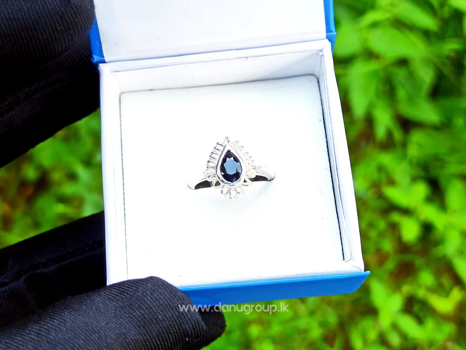 Ceylon Natural Dark blue sapphire pear shape stone with genuine silver ring handmade - kaka neelam danugroup.lk