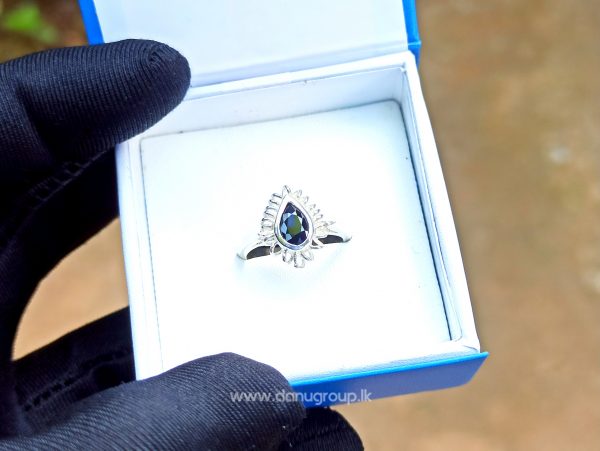 Ceylon Natural Dark blue sapphire pear shape stone with genuine silver ring handmade - kaka neelam danugroup.lk