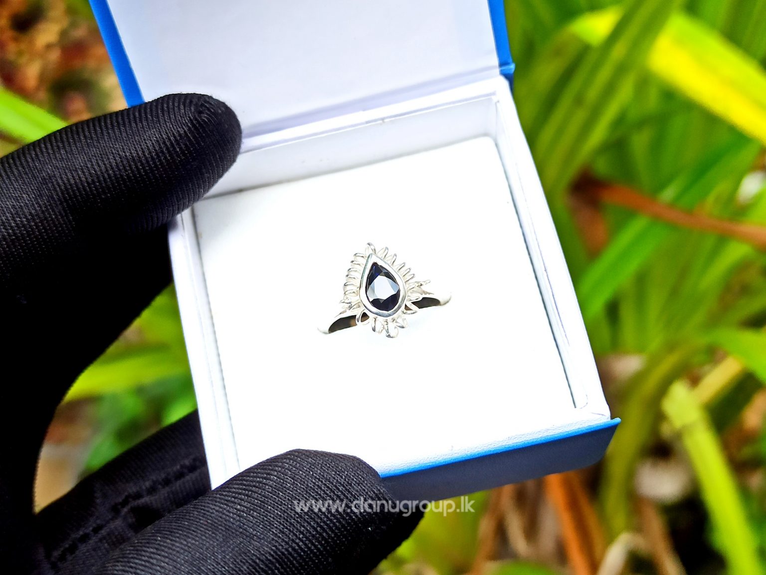 Ceylon Natural Dark blue sapphire pear shape stone with genuine silver ring handmade - kaka neelam danugroup.lk