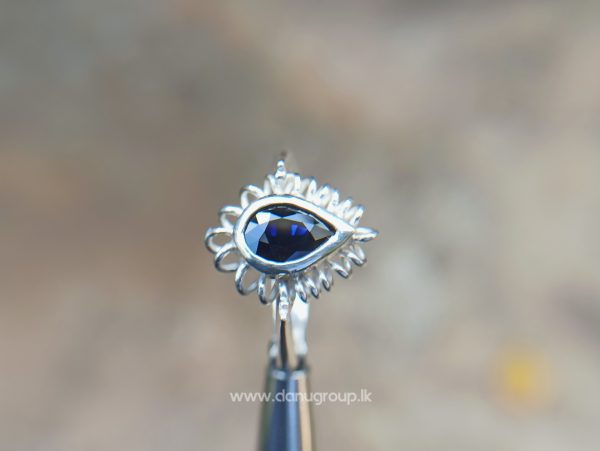 Ceylon Natural Dark blue sapphire pear shape stone with genuine silver ring handmade - kaka neelam danugroup.lk