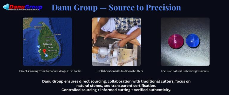 Infographic about cabochon cutting for Cat’s Eye gemstones, showing a Sri Lankan cutter shaping optical corundum for chatoyancy.