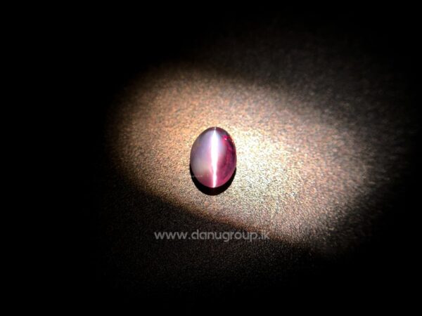 Ceylon natural Alexandrite Cat’s Eye showing red color-change appearance with a sharp cat’s eye effect under spotlight.