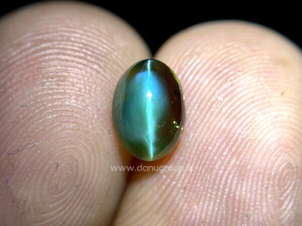 Natural green Alexandrite Cat’s Eye with bright centered eye on dark textured background.