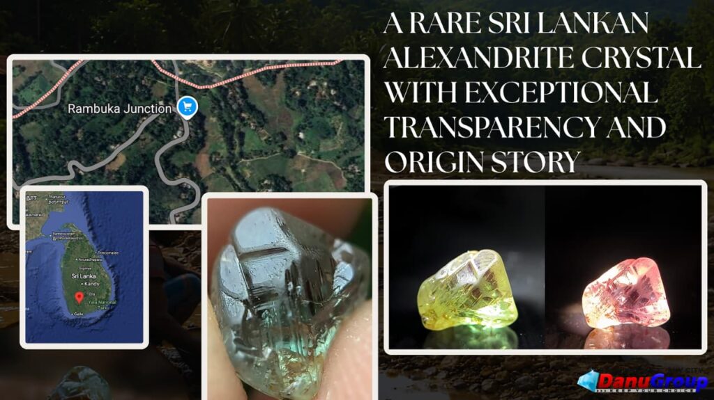 Rare Sri Lankan Rambuka alexandrite crystal with color change, maps, and origin story by Danu Group
