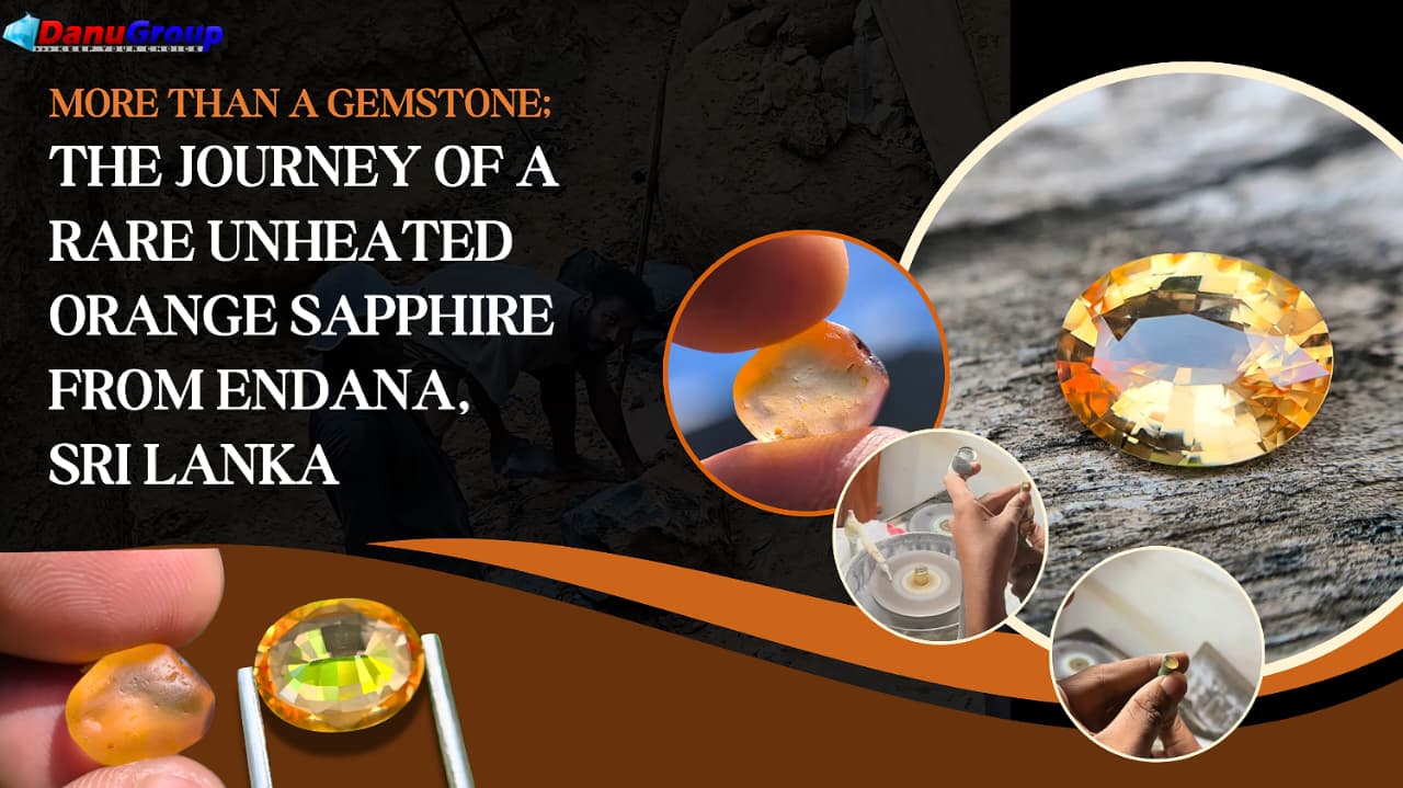Natural unheated orange sapphire from rough to finished gemstone sourced from Endana village, Sri Lanka.